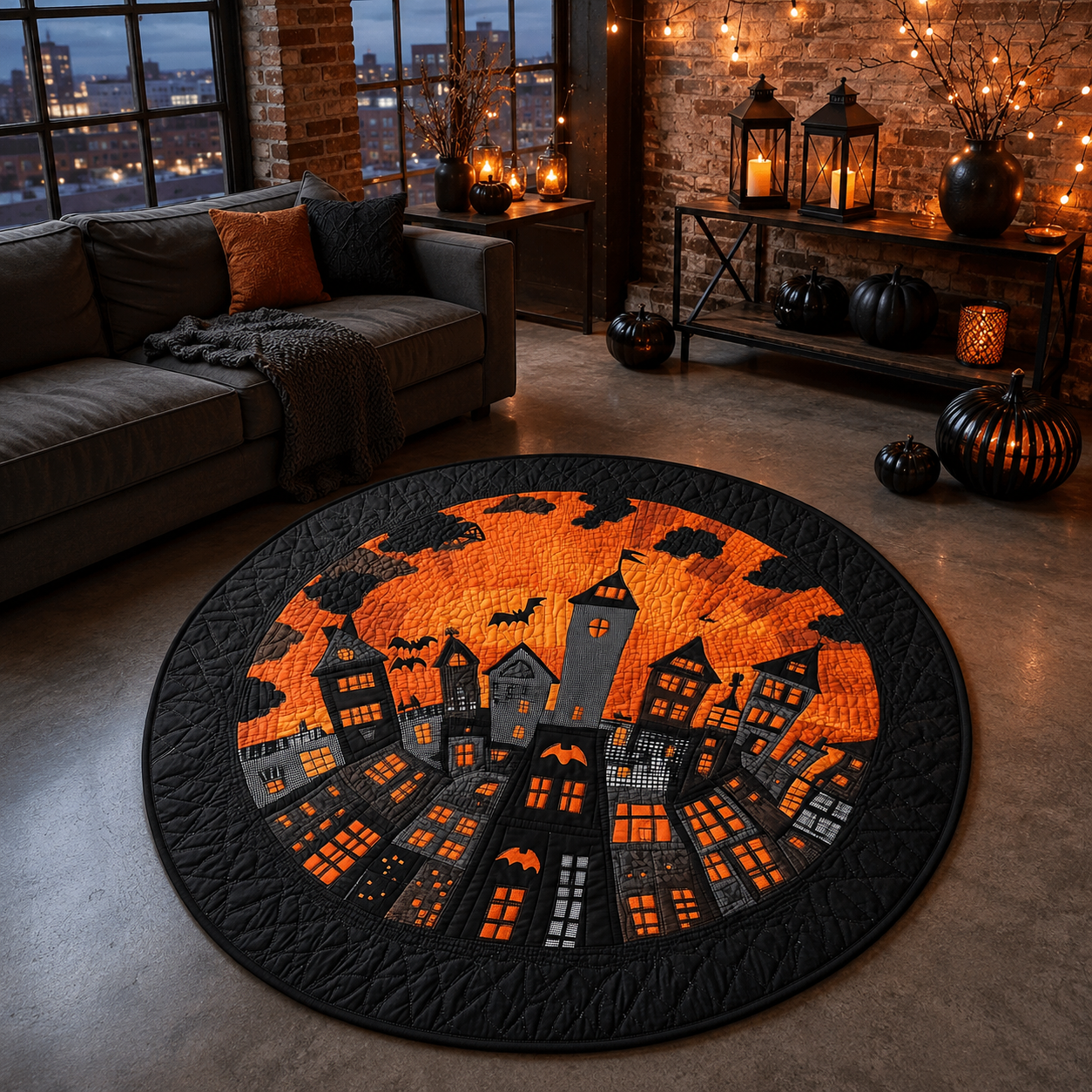 Spooky Halloween Town Night Skyline & Bats Halloween Quilt Round Rug
