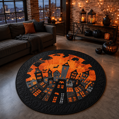 Spooky Halloween Town Night Skyline & Bats Halloween Quilt Round Rug