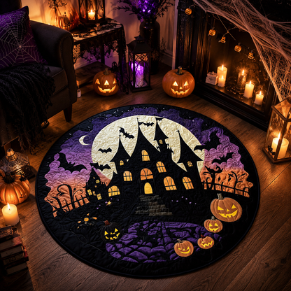 Spooky Haunted Castle Moon Bats Halloween Quilt Round Rug