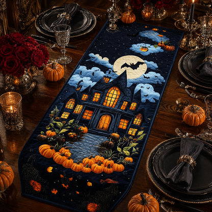 Spooky Haunted House Bat Halloween Quilted Table Runner