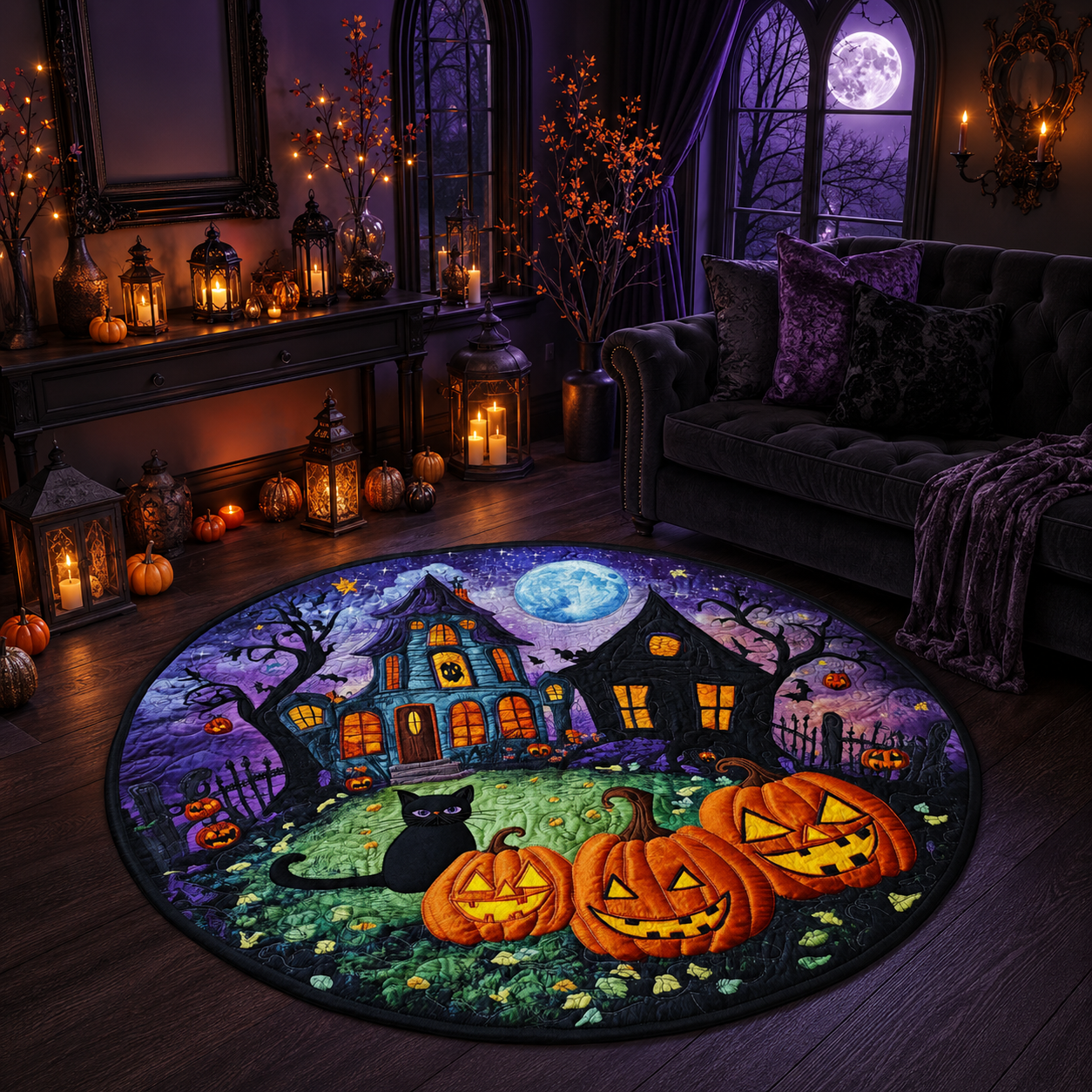 Spooky Haunted House Black Cat Jack-o'-Lantern Halloween Quilt Round Rug