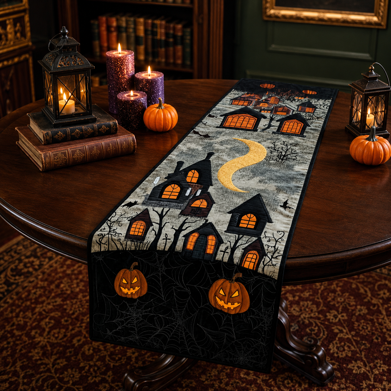 Spooky Haunted House Pumpkin Patch Halloween Quilted Table Runner