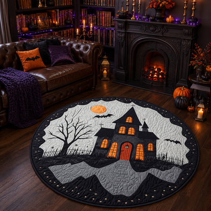 Spooky Haunted House & Spooky Tree Full Moon Halloween Quilt Round Rug
