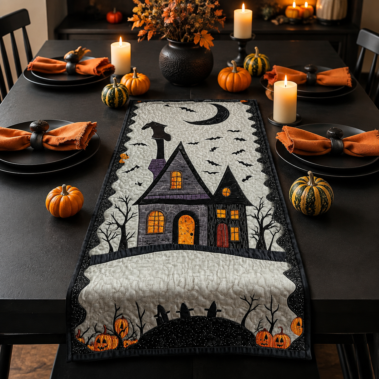 Spooky Haunted House and Pumpkins Quilted Halloween Table Runner