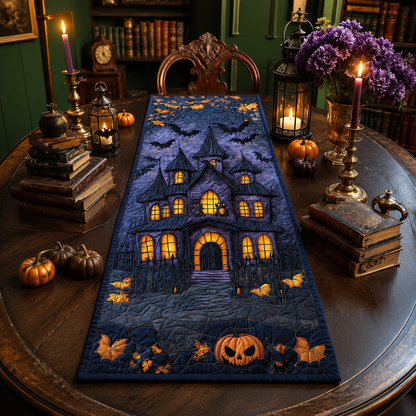 Spooky Haunted Mansion Castle Halloween Quilted Table Runner