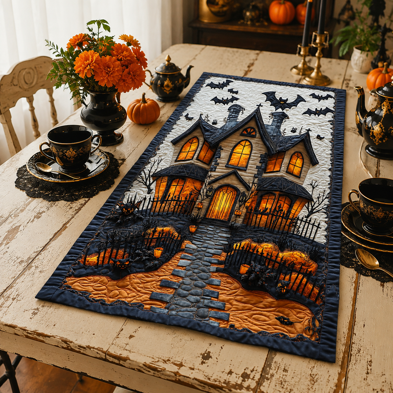 Spooky Haunted Mansion and Flying Bats Halloween Quilted Table Runner
