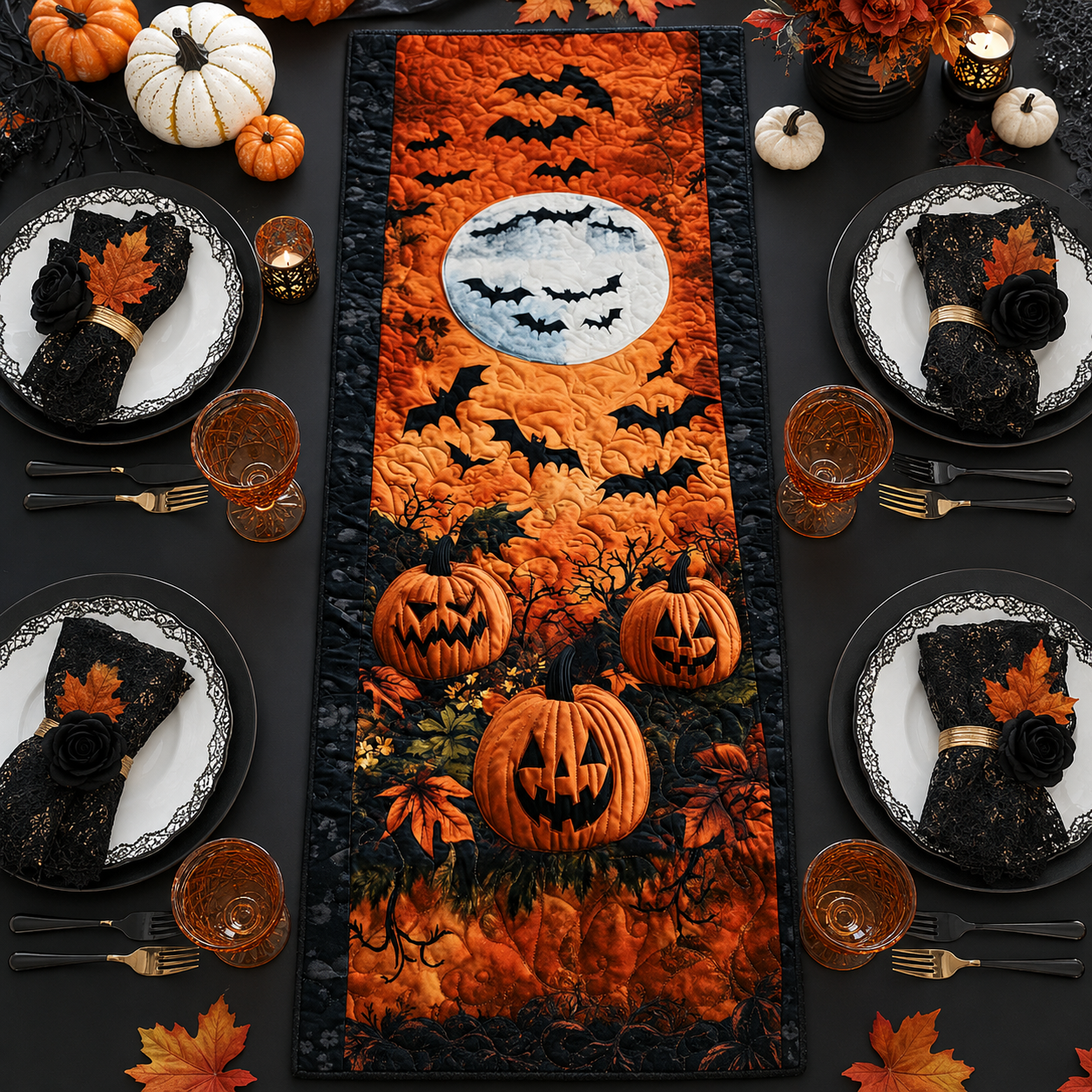 Spooky Jack-O-Lantern & Full Moon Halloween Quilted Table Runner