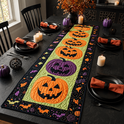 Spooky Jack O Lantern Pumpkin Halloween Quilted Table Runner
