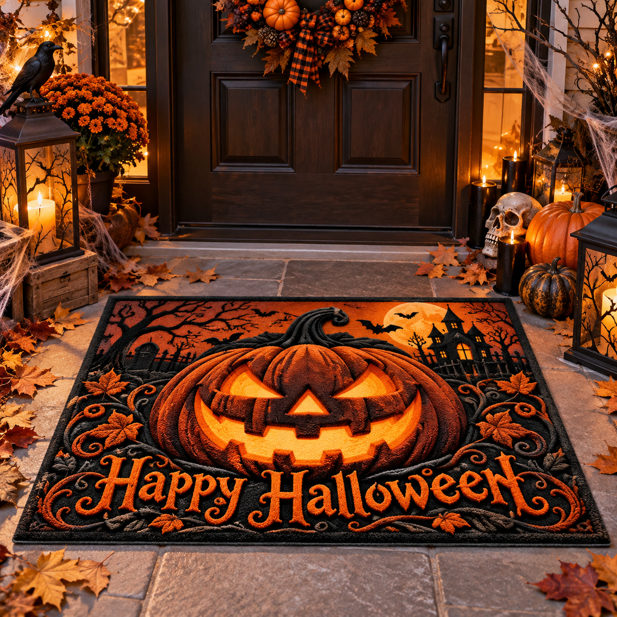 Spooky Jack O Lantern Pumpkin Happy Halloween Doormat Outdoor Decor