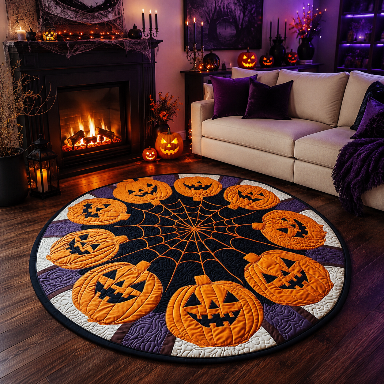 Spooky Orange Pumpkin Spiderweb Circle Halloween Quilt Round Rug