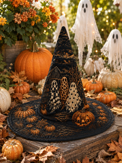 Spooky Patterned Ghosts & Pumpkin Patch Halloween Quilt Witch Hat