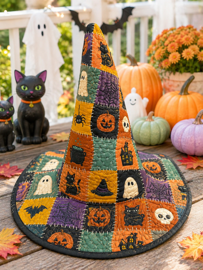 Spooky Pumpkin Ghost Black Cat Patchwork Halloween Quilt Witch Hat