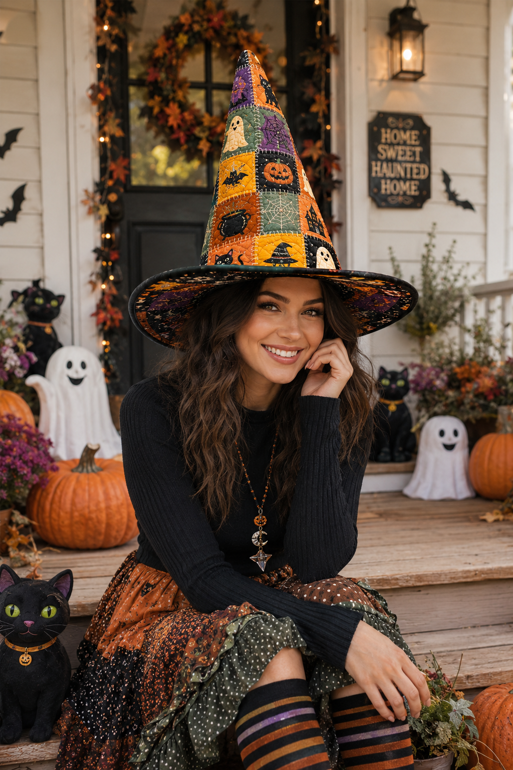 Spooky Pumpkin Ghost Black Cat Patchwork Halloween Quilt Witch Hat