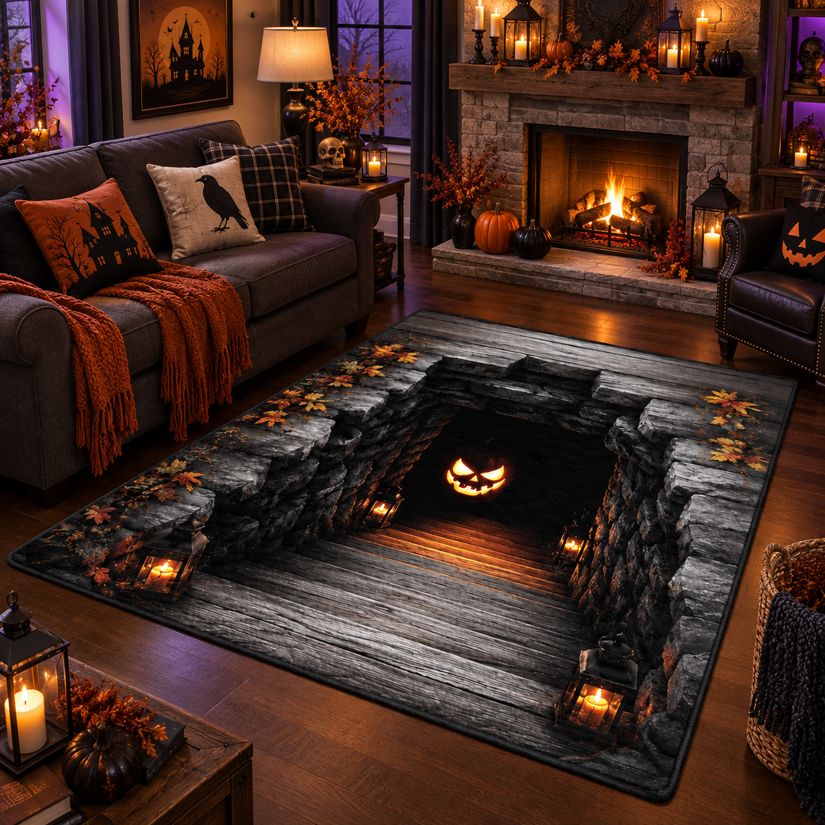Spooky Pumpkin Stone Well Halloween Area Rug