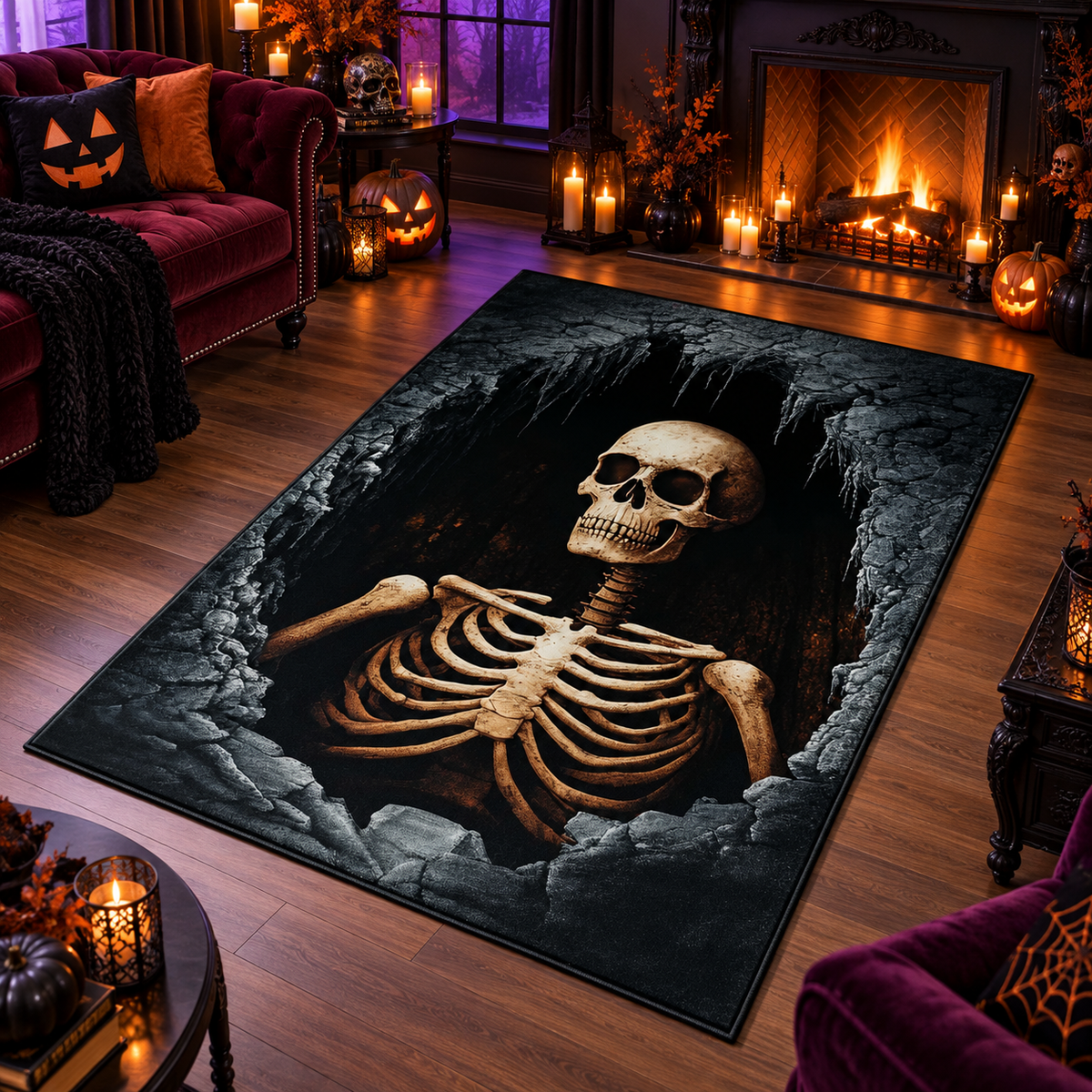 Spooky Skeleton in Cave Halloween Area Rug
