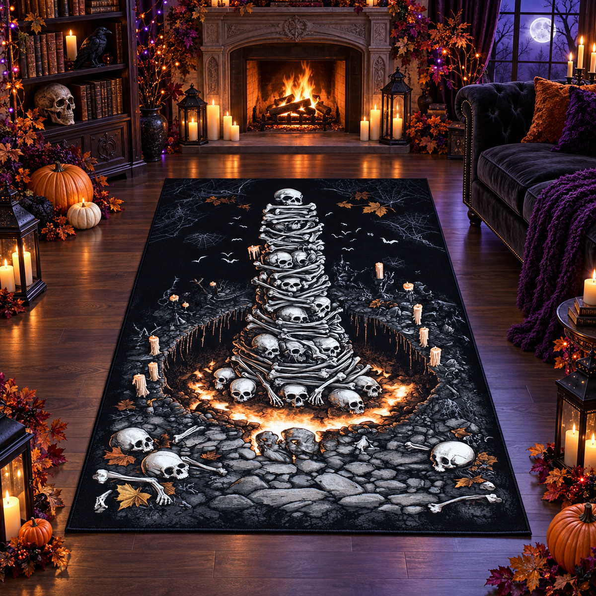 Spooky Skull Bone Tower Halloween Area Rug
