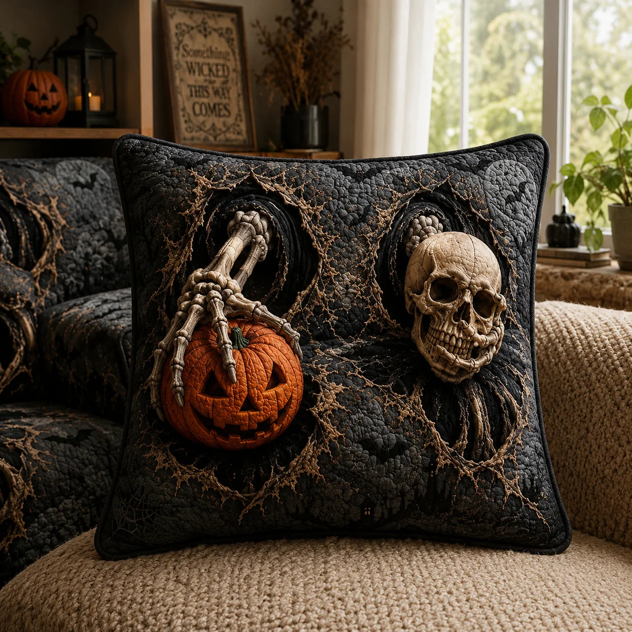 Spooky Skull & Skeleton Hand Halloween Quilted Pillow Case