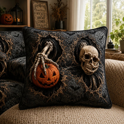 Spooky Skull & Skeleton Hand Halloween Quilted Pillow Case