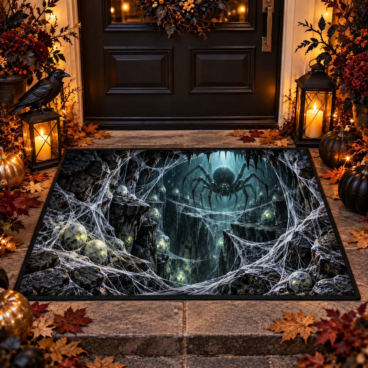 Spooky Spider Web Cave Halloween Doormat Outdoor Decor