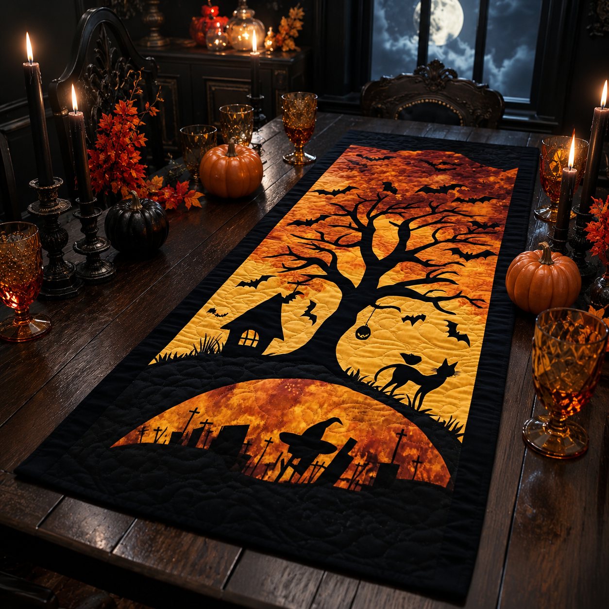Spooky Tree Black Cat Graveyard Halloween Quilted Table Runner