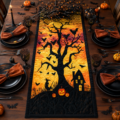 Spooky Tree and Haunted House Halloween Quilted Table Runner