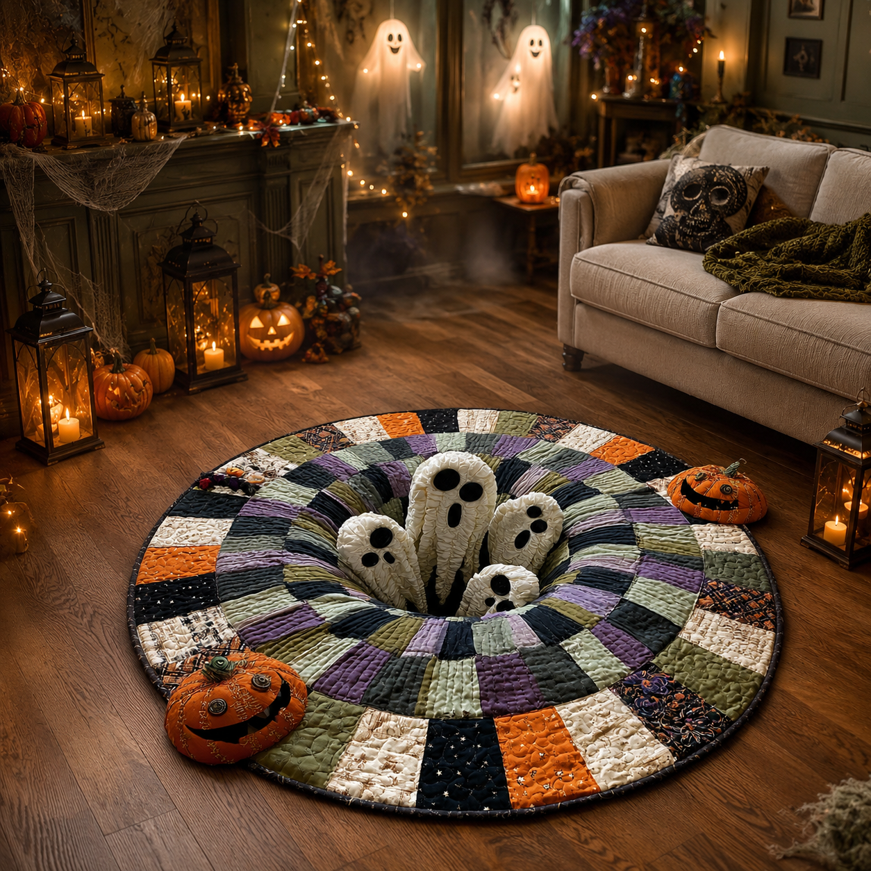 Spooky White Ghosts Rising Checkered Hole Halloween Quilt Round Rug