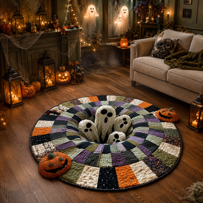 Spooky White Ghosts Rising Checkered Hole Halloween Quilt Round Rug