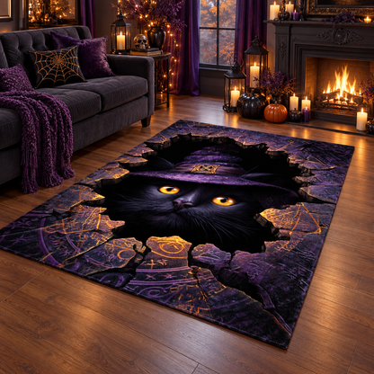 Spooky Witch Cat Halloween Area Rug