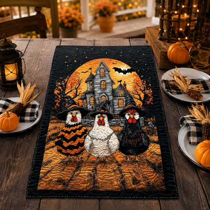Spooky Witch Chickens & Haunted House Halloween Quilted Table Runner