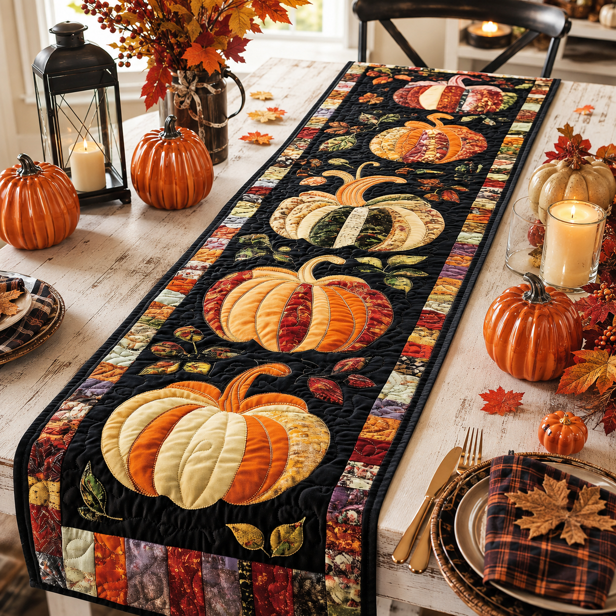 Stacked Autumn Patchwork Pumpkin Halloween Quilted Table Runner