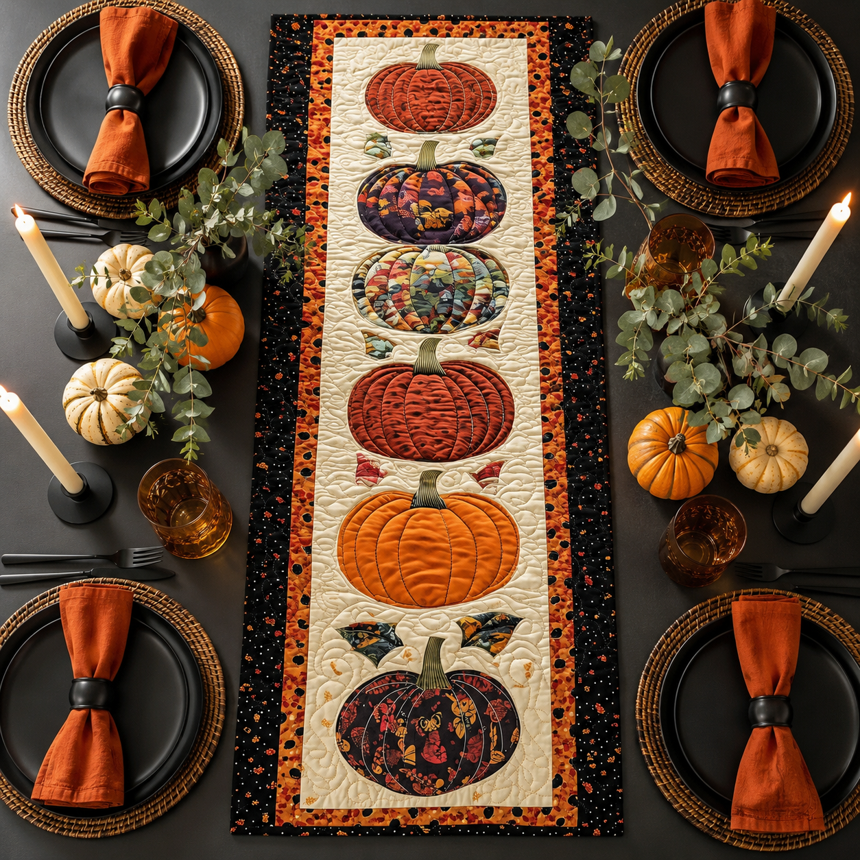 Stacked Autumn Patchwork Pumpkins Cream Halloween Quilted Table Runner