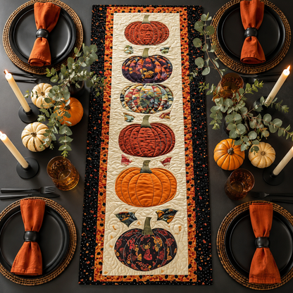 Stacked Autumn Patchwork Pumpkins Cream Halloween Quilted Table Runner