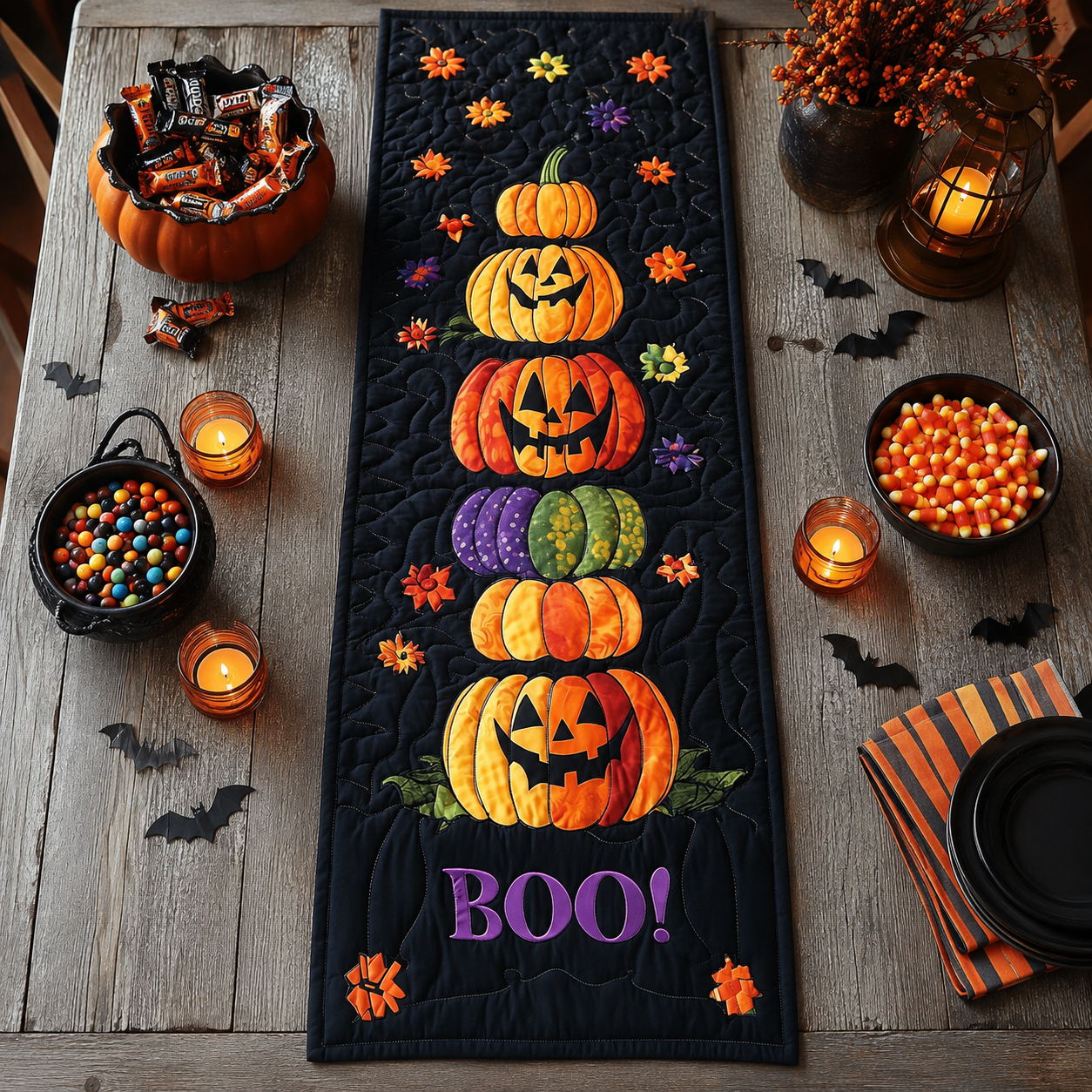 Stacked Pumpkins Boo Floral Halloween Quilted Table Runner