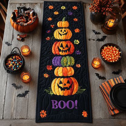 Stacked Pumpkins Boo Floral Halloween Quilted Table Runner