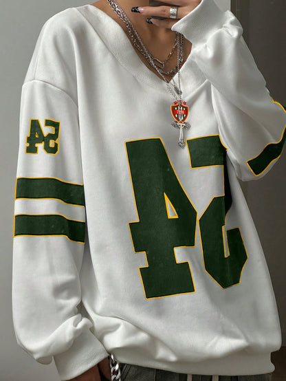 Sports Sporty Colorblock Number Printed Sweatshirt Long Sleeve Tops Graduation