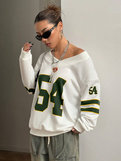 Sports Sporty Colorblock Number Printed Sweatshirt Long Sleeve Tops Graduation