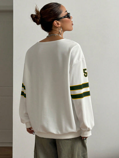 Sports Sporty Colorblock Number Printed Sweatshirt Long Sleeve Tops Graduation