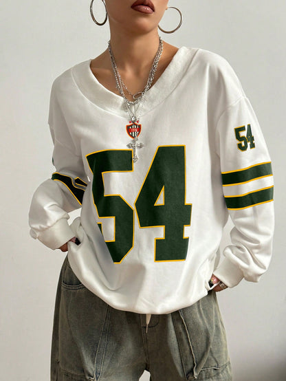 Sports Sporty Colorblock Number Printed Sweatshirt Long Sleeve Tops Graduation