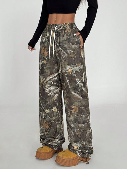 Women’s Army Green Print Wide Leg Cargo Pants