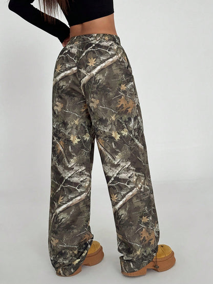 Women’s Army Green Print Wide Leg Cargo Pants