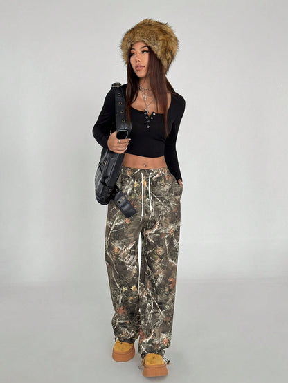 Women’s Army Green Print Wide Leg Cargo Pants