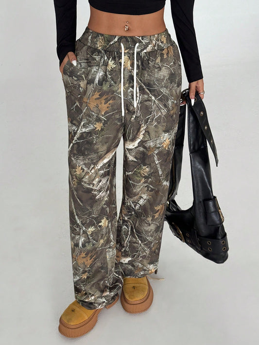 Women’s Army Green Print Wide Leg Cargo Pants