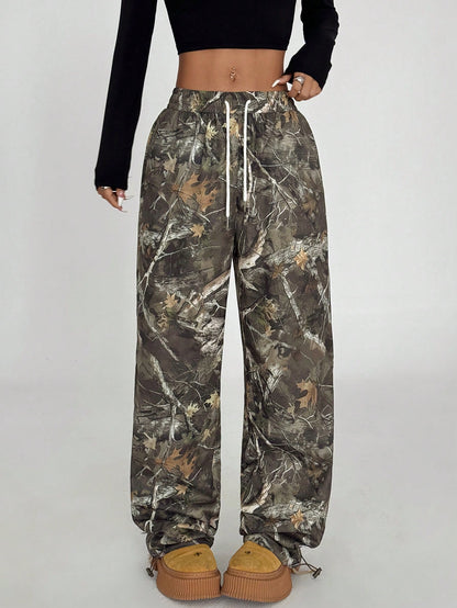 Women’s Army Green Print Wide Leg Cargo Pants