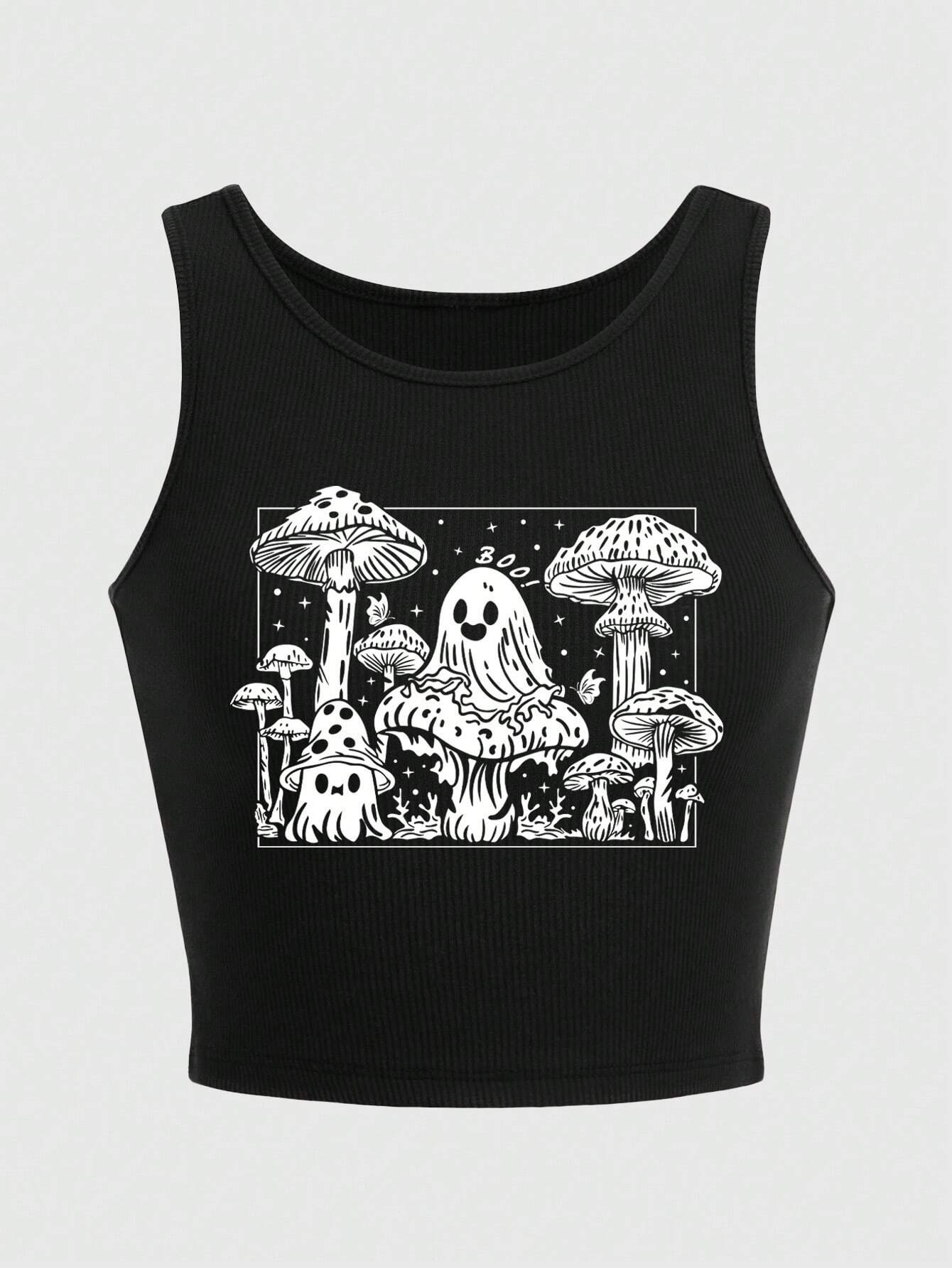 Teen Girls Mushroom Ghost Printed Racerback Tank Top