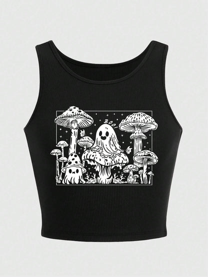 Teen Girls Mushroom Ghost Printed Racerback Tank Top