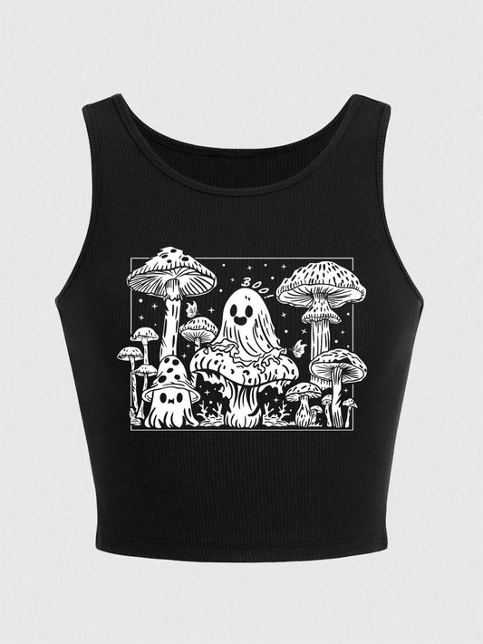 Teen Girls Mushroom Ghost Printed Racerback Tank Top