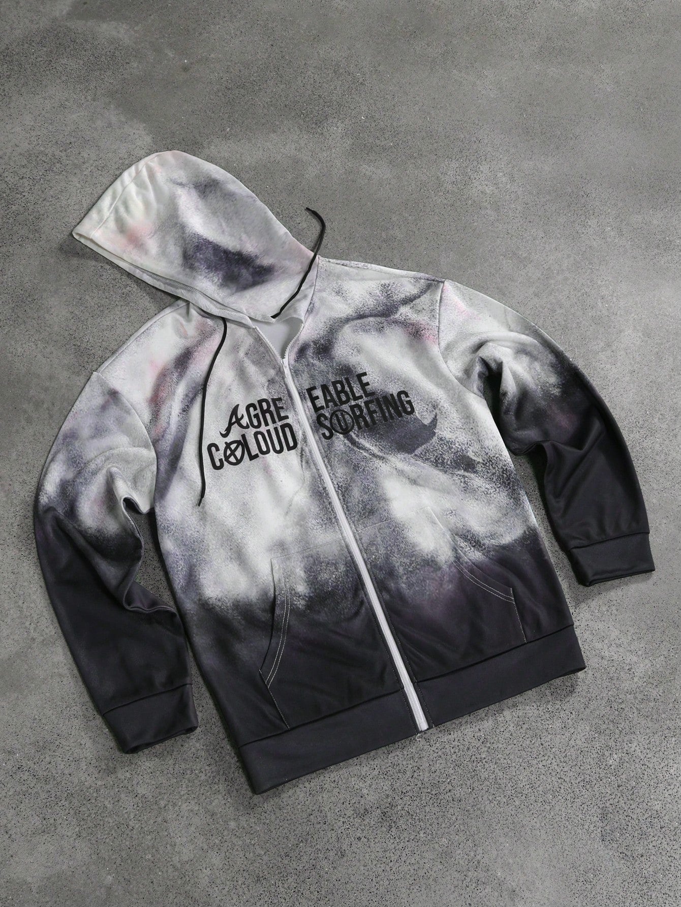 Tie-Dye Graphic Full-Zip Grey Hoodie