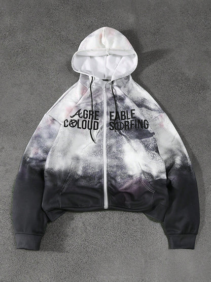 Tie-Dye Graphic Full-Zip Grey Hoodie