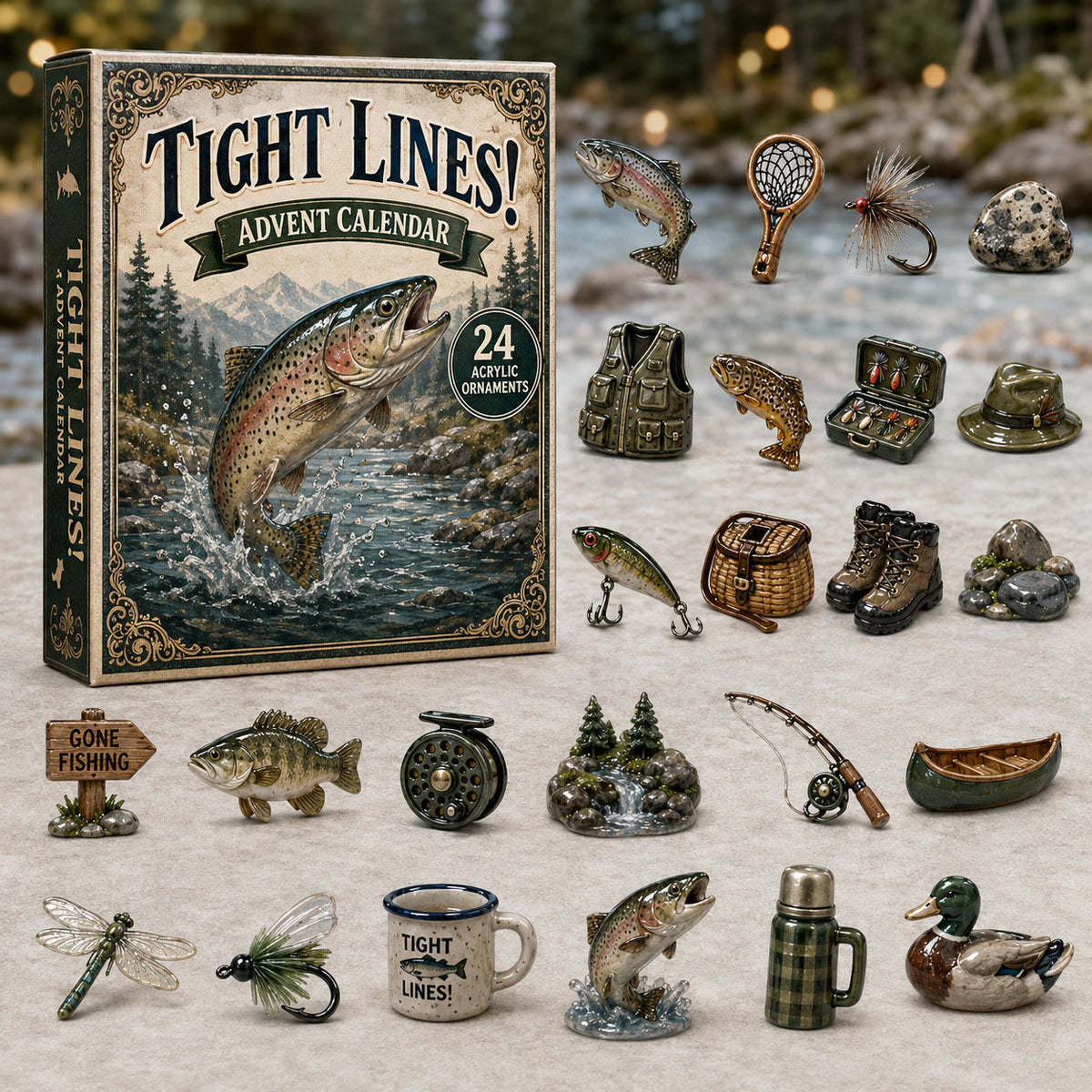 CHRISTMAS KICKOFF 40% OFF - Tight Lines Fishing Advent Calendar 2026 - 24-Day Festive Countdown, Acrylic Charms Blind Box - Gift For Fish Lovers