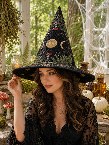 Triple Moon & Red Mushroom Botanical Halloween Quilt Witch Hat